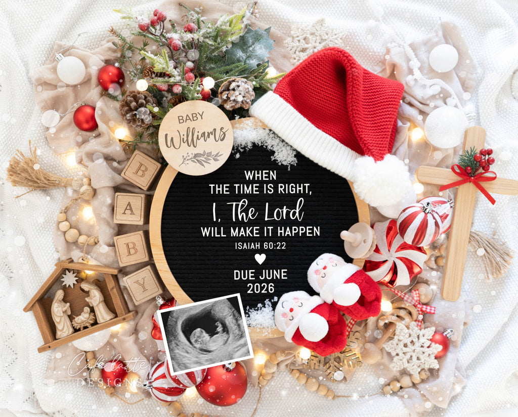 Christmas pregnancy announcement, holiday pregnancy reveal, boho pregnancy announcement, gender neutral pregnancy reveal, editable pregnancy template, printable baby announcement, social media pregnancy reveal, digital download, Corjl template, Isaiah 60:22, Christian pregnancy announcement, Christmas baby reveal, rustic boho decor, winter pregnancy announcement