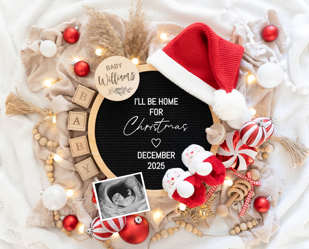 Christmas pregnancy announcement digital reveal for social media, Christmas baby announcement digital image with Santa hat and Santa baby booties, Ill be home for Christmas, baby announcement, pregnancy announcement, digital baby announcement, digital pregnancy announcement, baby announcement to husband, instant download baby announcement, editable baby announcement, Christmas baby announcement social media, baby announce, baby announceme, baby announcement to family, pregnancy announcement idea