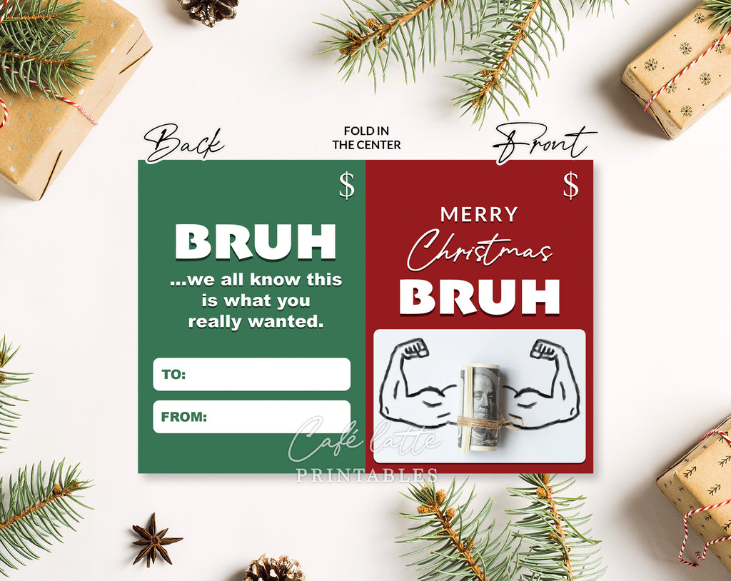 Christmas Bruh money holder printable, Christmas Funny Bruh gift card holder, Christmas money holder for teen boys, Christmas gift card holder template DIY, Original Christmas gift ideas, Unique Christmas gift ideas, Thoughtful Christmas gifts for teens family and friends, Christmas gift of money bills card holder, Merry Christmas Bruh red and green greeting holiday card money gift page instant download, Gifts for him men teen boys bro dude boyfriend and husband