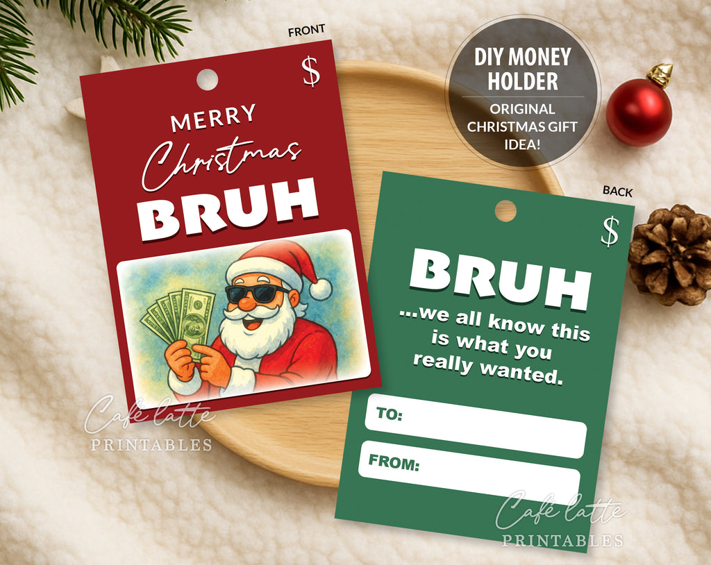 Christmas Bruh money holder printable, Christmas Funny Bruh gift card holder, Christmas money holder for teen boys, Christmas gift card holder template DIY, Original Christmas gift ideas, Unique Christmas gift ideas, Thoughtful Christmas gifts for teens family and friends, Christmas Santa black shades gift of money bills card holder, Merry Christmas cool Santa sunglasses Bruh red and green greeting holiday card money gift page instant download, Gifts for him men teen boys bro dude boyfriend