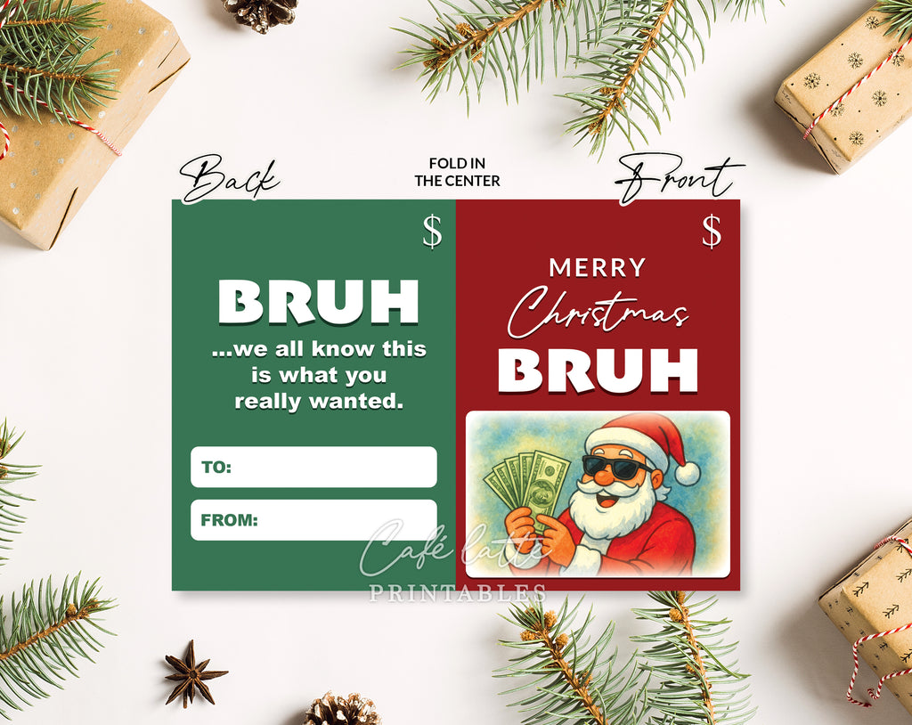 Christmas Bruh money holder printable, Christmas Funny Bruh gift card holder, Christmas money holder for teen boys, Christmas gift card holder template DIY, Original Christmas gift ideas, Unique Christmas gift ideas, Thoughtful Christmas gifts for teens family and friends, Christmas Santa black shades gift of money bills card holder, Merry Christmas cool Santa sunglasses Bruh red and green greeting holiday card money gift page instant download, Gifts for him men teen boys bro dude boyfriend
