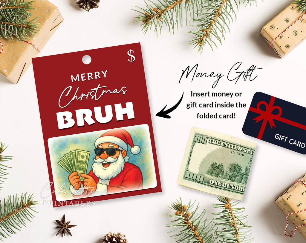 Christmas Bruh money holder printable, Christmas Funny Bruh gift card holder, Christmas money holder for teen boys, Christmas gift card holder template DIY, Original Christmas gift ideas, Unique Christmas gift ideas, Thoughtful Christmas gifts for teens family and friends, Christmas Santa black shades gift of money bills card holder, Merry Christmas cool Santa sunglasses Bruh red and green greeting holiday card money gift page instant download, Gifts for him men teen boys bro dude boyfriend