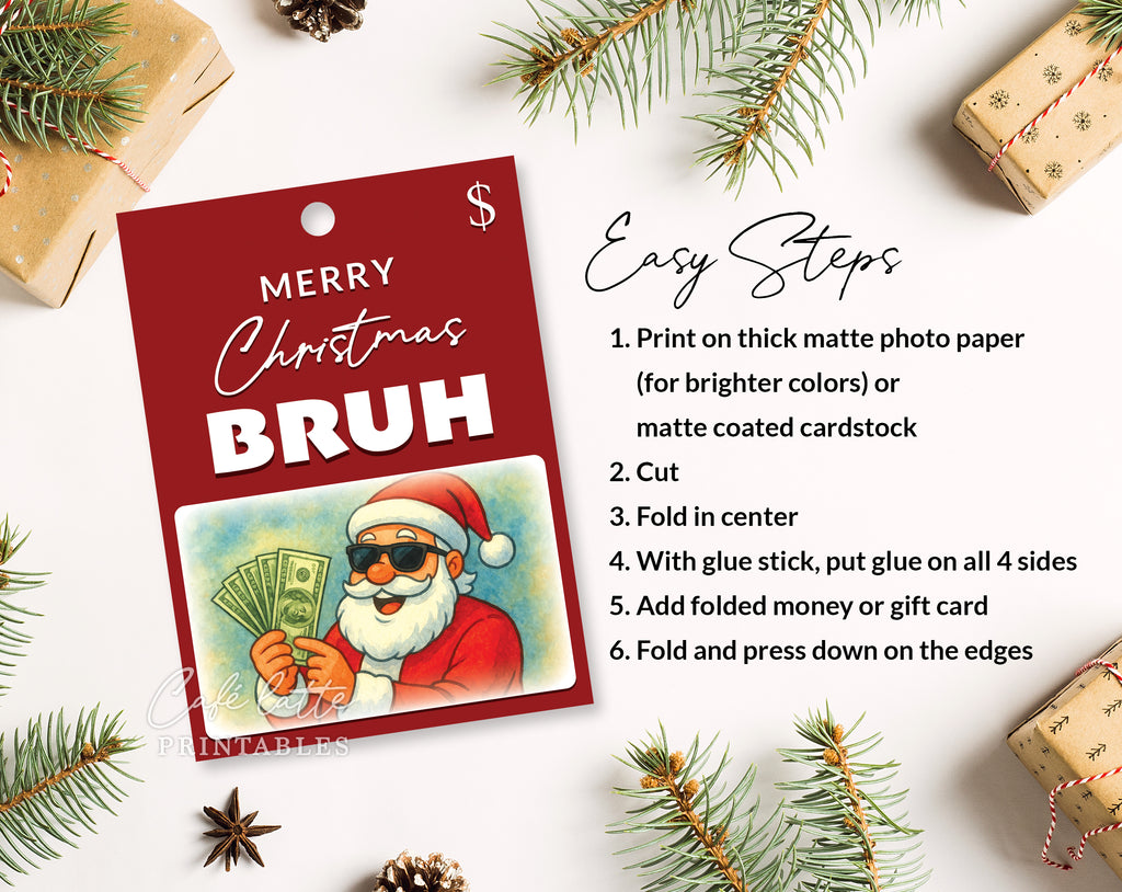 Christmas Bruh money holder printable, Christmas Funny Bruh gift card holder, Christmas money holder for teen boys, Christmas gift card holder template DIY, Original Christmas gift ideas, Unique Christmas gift ideas, Thoughtful Christmas gifts for teens family and friends, Christmas Santa black shades gift of money bills card holder, Merry Christmas cool Santa sunglasses Bruh red and green greeting holiday card money gift page instant download, Gifts for him men teen boys bro dude boyfriend