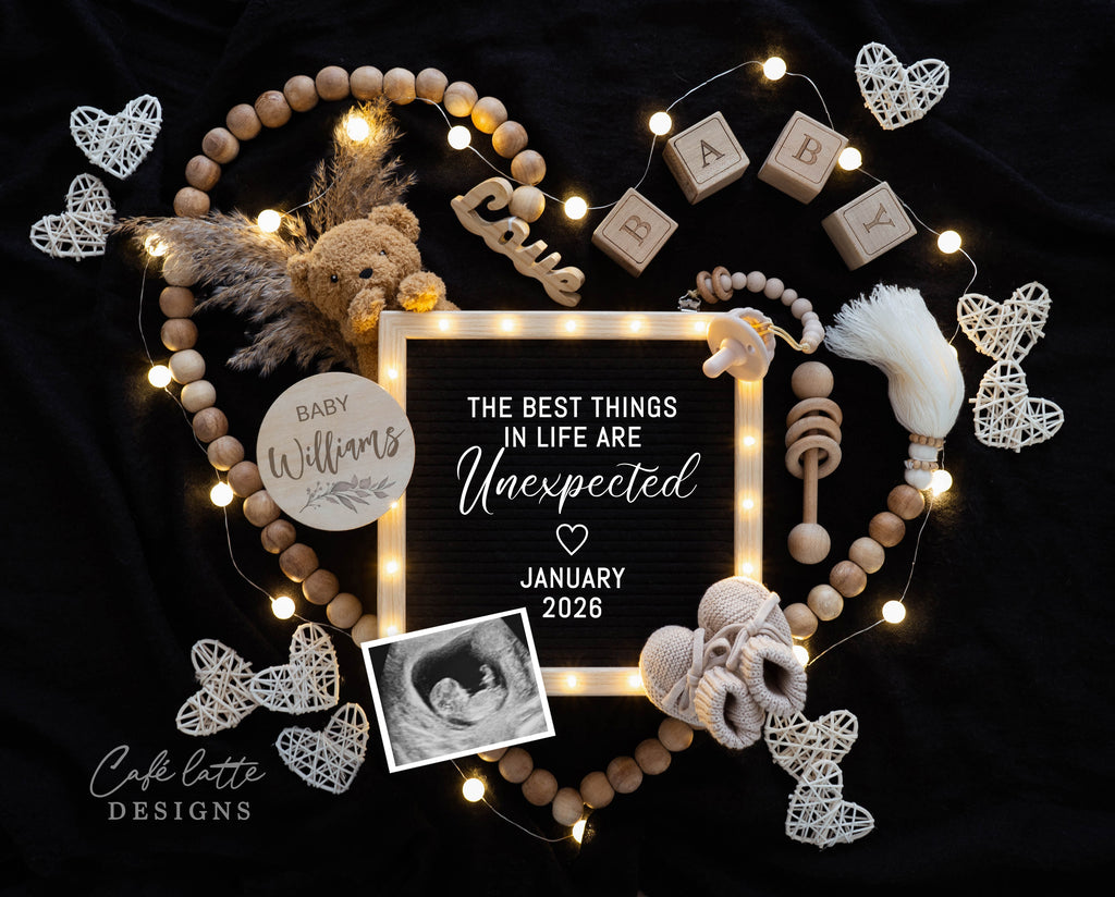 Pregnancy Announcement Digital Boho Gender Neutral beads in the shape of a heart, Baby Announcement Digital Editable Template, Little Teddy Bear and lighted letterboard, the best things in life are unexpected, baby announce, baby announceme, digital baby announcement, instant download baby announcement, diy baby announcement, editable baby announcement, baby reveal, pregnancy reveal
