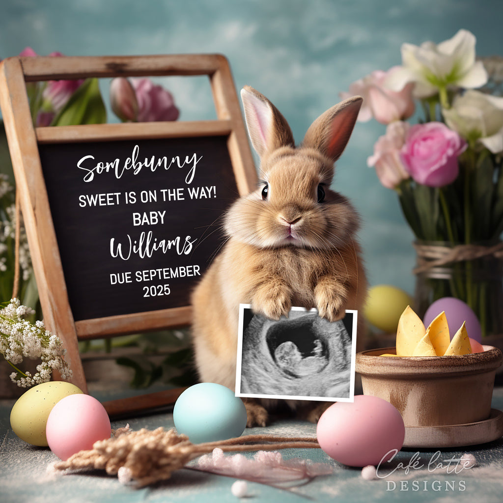 Easter pregnancy announcement digital reveal for social media, Easter bunny baby announcement digital image with bunny rabbit holding ultrasound photo, chalkboard, eggs and tulips, somebunny sweet is on the way, Gender neutral editable template DIY, easter baby announcement, easter baby, easter pregnancy, easter bunny,diy easter baby announcement, baby announcement, pregnancy announcement, baby announcement ideas, april baby, April baby announcement