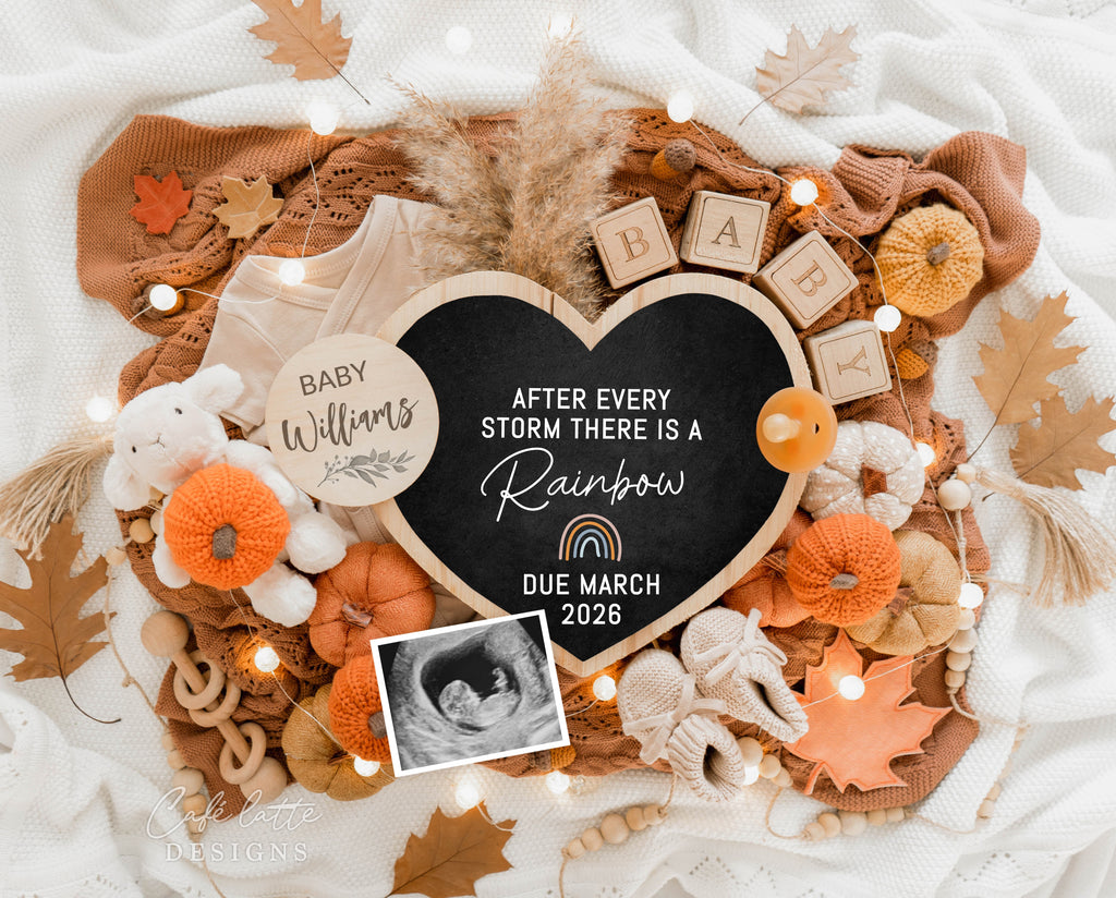 Rainbow pregnancy announcement digital for social media, Autumn baby announcement digital with heart chalkboard, little lamb, pumpkins and fall leaves, Rainbow baby reveal, fall pregnancy reveal editable template, After every storm there is a rainbow, baby announcement, baby announce, pregnancy announcement, baby reveal, pregnancy reveal