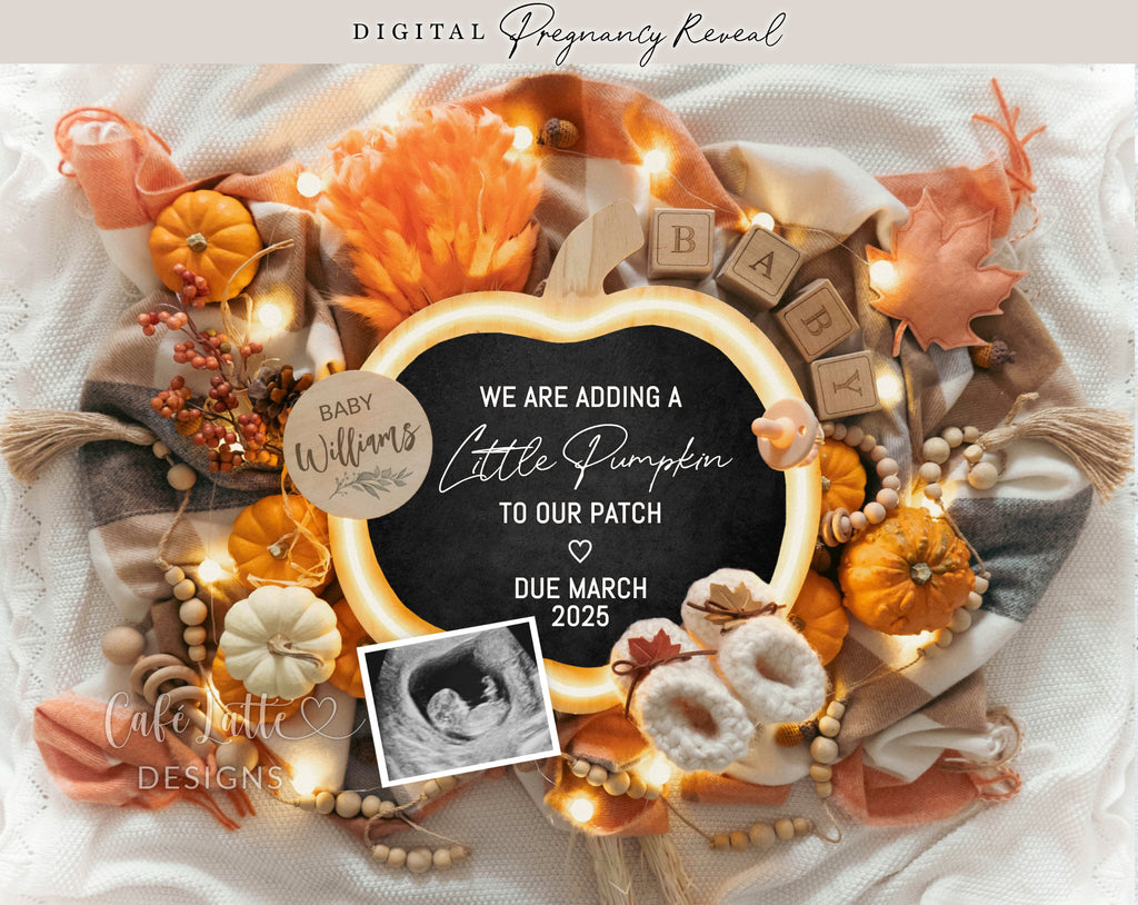 Fall pregnancy announcement digital for social media, Autumn baby announcement digital with pumpkin chalkboard and fall leaves, We are adding a little pumpkin to our patch, Gender neutral fall pregnancy reveal editable template DIY