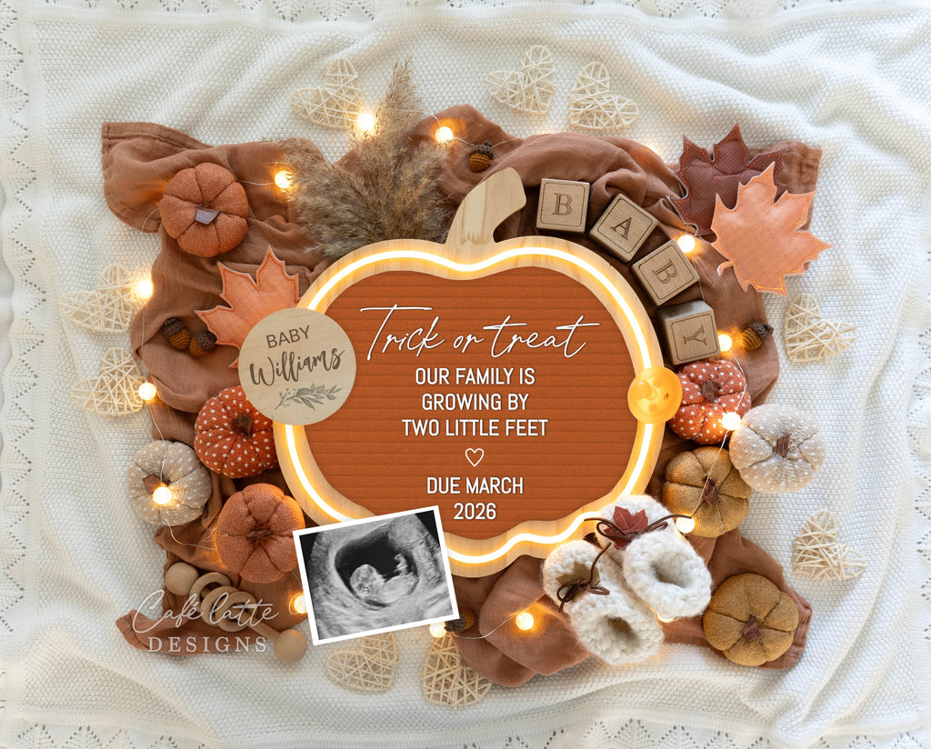 Fall pregnancy announcement digital for social media, Autumn baby announcement digital with pumpkin letter board and fall leaves, Get ready to Fall in Love, Gender neutral fall pregnancy reveal editable template DIY, trick or treat our family is growing by one heart and two feet, halloween baby, halloween pregnancy announcement, halloween baby announcement