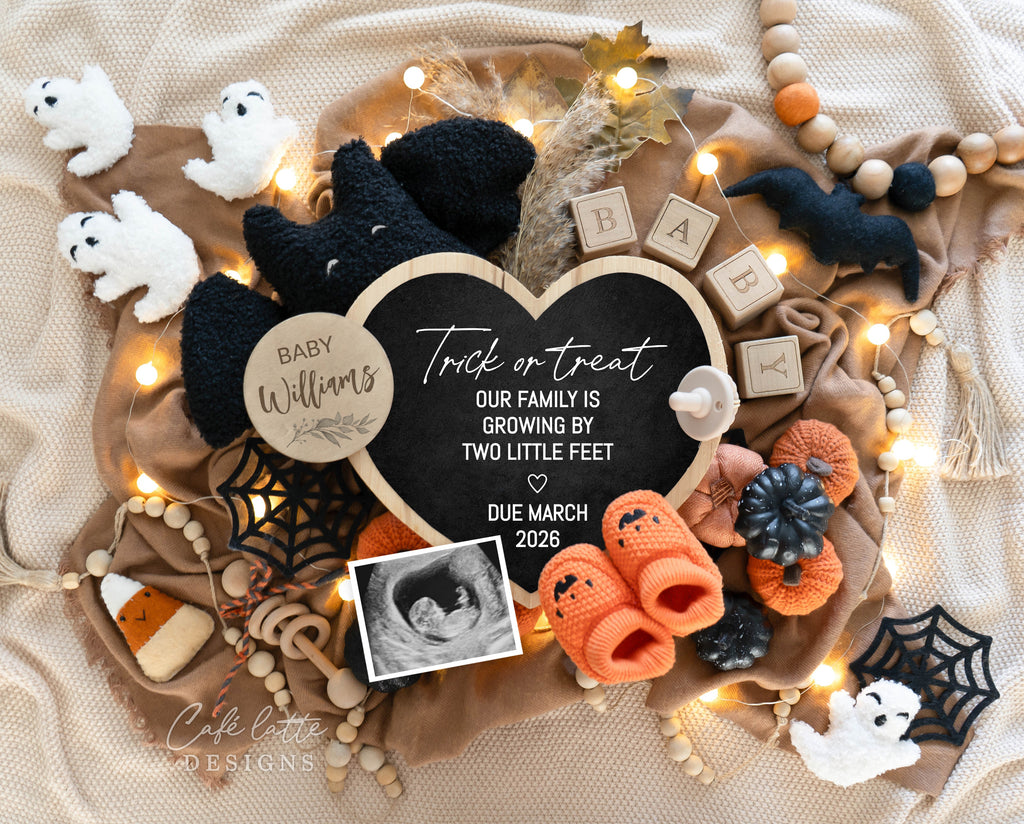 Halloween pregnancy announcement digital reveal for social media, Halloween baby announcement digital image with bats, ghosts, pumpkins, baby booties and heart chalkboard, Trick or treat our family is growing by two little feet, baby announcement, digital baby announcement, pregnancy announcement, digital pregnancy announcement, baby announce, halloween baby announcement, halloween pregnancy announcement, halloween baby, october baby, custom baby announcement, baby announcement idea
