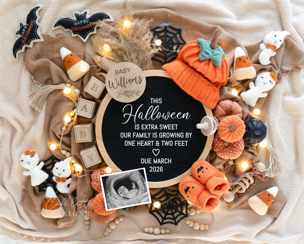 Halloween pregnancy announcement digital reveal for social media, Halloween baby announcement digital image with circle letterboard, bats, pumpkin hat, baby booties and knitted pumpkins, baby announcement, digital baby announcement, pregnancy announcement, digital pregnancy announcement, baby announce, halloween baby announcement, halloween pregnancy announcement, halloween baby, October baby, baby reveal ideas, this halloween is extra sweet our family is growing by one heart and two feet