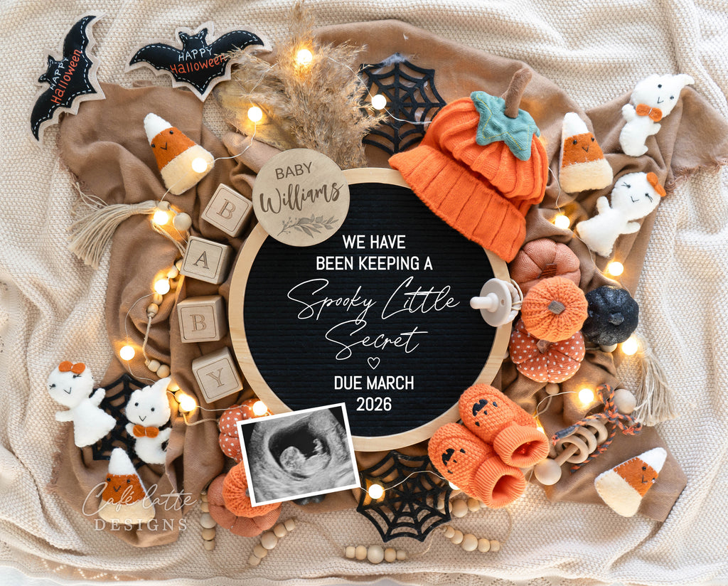 Halloween pregnancy announcement digital reveal for social media, Halloween baby announcement digital image with circle letterboard, bats, pumpkin hat, baby booties and knitted pumpkins, baby announcement, digital baby announcement, pregnancy announcement, digital pregnancy announcement, baby announce, halloween baby announcement, halloween pregnancy announcement, halloween baby, October baby, baby reveal ideas, we have been keeping a spooky little secret