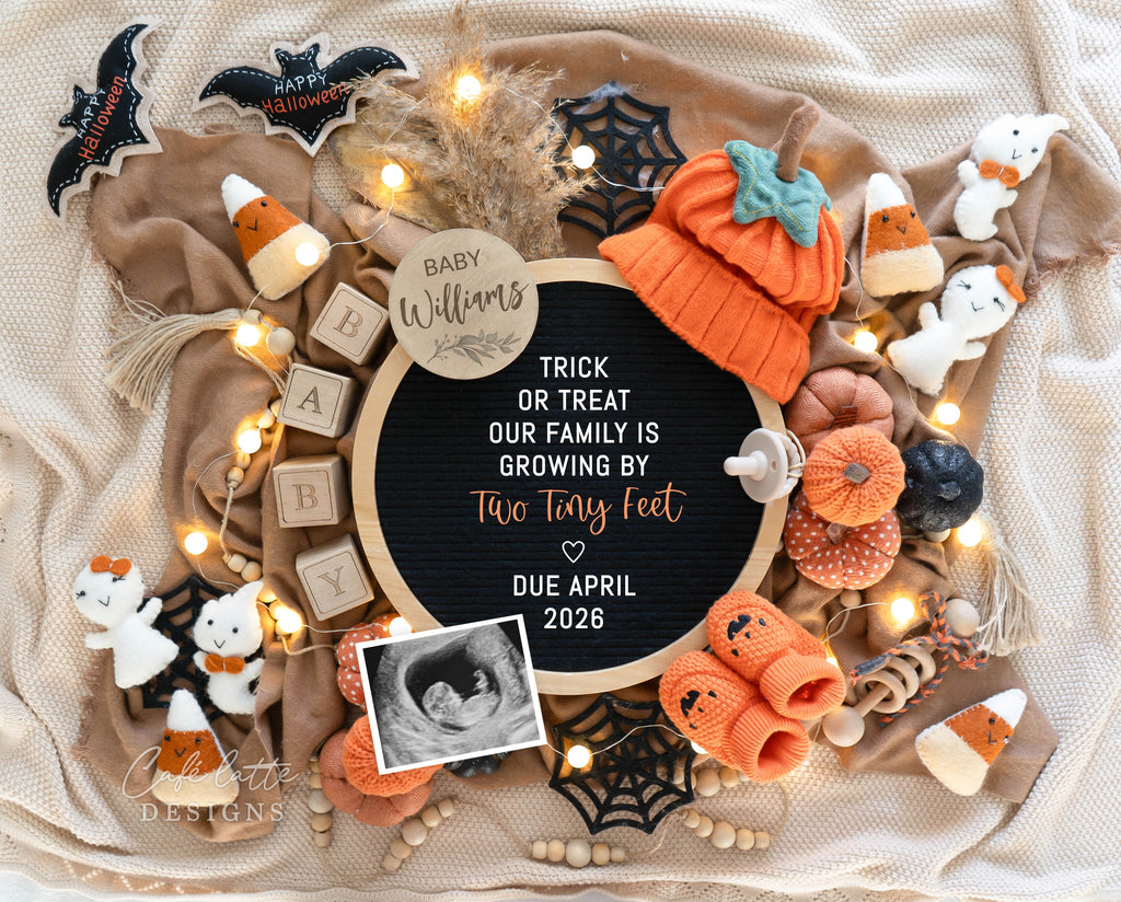 Halloween pregnancy announcement digital reveal for social media, Halloween baby announcement digital image with circle letterboard, bats, pumpkin hat, baby booties and knitted pumpkins, Trick or treat our family is growing by two little feet, baby announcement, digital baby announcement, pregnancy announcement, digital pregnancy announcement, baby announce, halloween baby announcement, halloween pregnancy announcement, halloween baby, October baby, custom baby announcement, baby reveal ideas