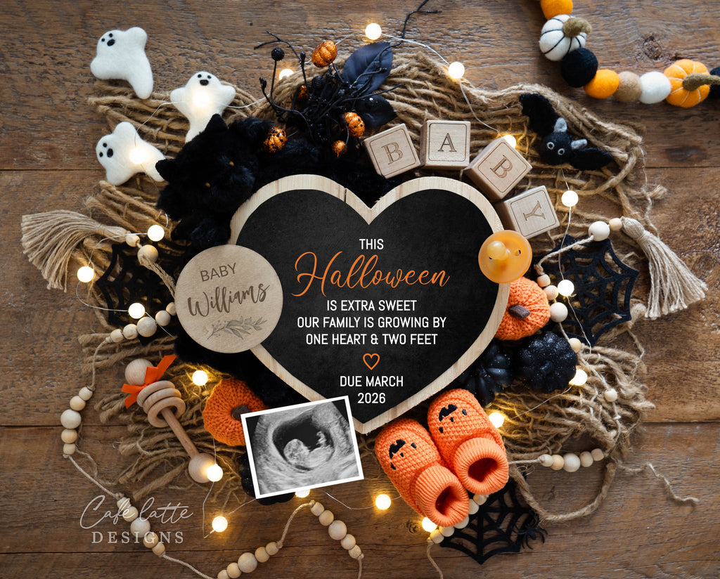 Halloween pregnancy announcement digital reveal for social media, Halloween baby announcement digital image with pumpkins, baby booties and heart chalkboard, Trick or treat our family is growing by two little feet, this halloween is extra sweet our family is growing by one heart and two feet, halloween pregnancy announcement, halloween baby, baby announcement, digital pregnancy announcement, baby reveal, pregnancy reveal, social media baby announcement