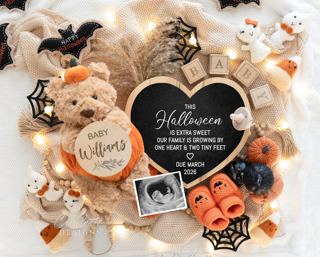 Halloween pregnancy announcement digital reveal for social media, Halloween baby announcement digital image with bear wearing pumpkin outfit, bats, ghosts, pumpkins, baby booties and heart chalkboard, baby announcement, digital baby announcement, pregnancy announcement, digital pregnancy announcement, baby announce, halloween baby announcement, halloween pregnancy announcement, halloween baby, october baby, this halloween is extra sweet our family is growing by one heart and two feet