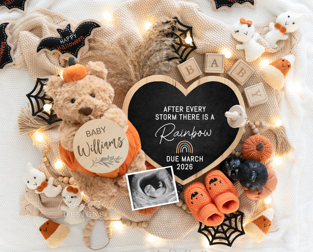 Rainbow pregnancy announcement digital for social media, Halloween baby announcement digital with heart chalkboard, little bear, pumpkins and ghosts, Rainbow baby reveal, fall pregnancy reveal editable template, After every storm there is a rainbow, baby announcement, baby announce, pregnancy announcement, baby reveal, pregnancy reveal