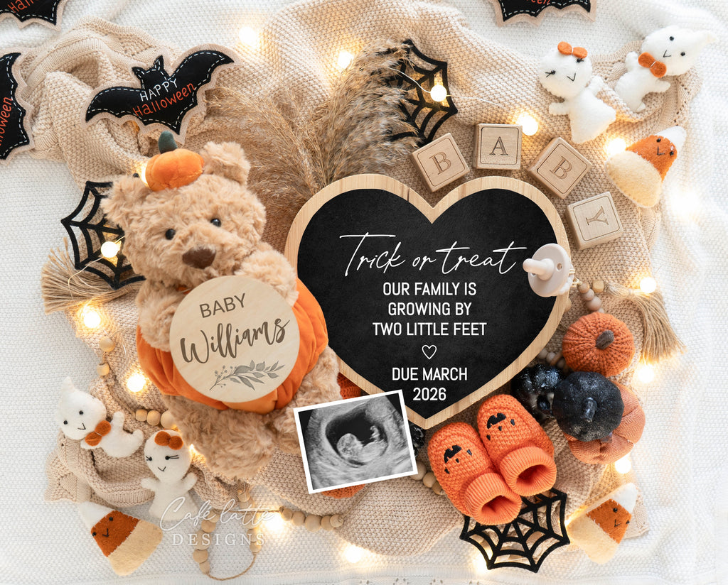 Halloween pregnancy announcement digital reveal for social media, Halloween baby announcement digital image with bear with pmpkin outfit, bats, ghosts, pumpkins, baby booties and heart chalkboard, Trick or treat our family is growing by two little feet, baby announcement, digital baby announcement, pregnancy announcement, digital pregnancy announcement, baby announce, halloween baby announcement, halloween pregnancy announcement, halloween baby, october baby, custom baby announcement, baby