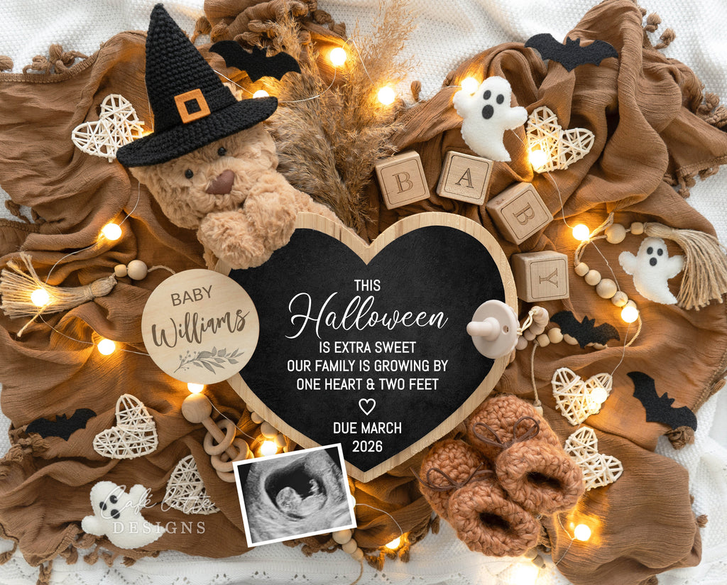 Halloween pregnancy announcement digital reveal for social media, Halloween baby announcement digital image with bear with witch hat, bats, ghosts, baby booties and heart chalkboard, this halloween is extra sweet our family is growing by one heart and two feet, baby announcement, digital baby announcement, pregnancy announcement, digital pregnancy announcement, baby announce, halloween baby announcement, halloween pregnancy announcement, halloween baby, october baby, custom baby announcement