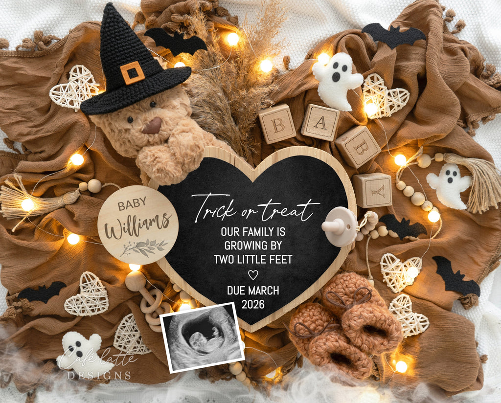 Halloween pregnancy announcement digital reveal for social media, Halloween baby announcement digital image with bear with witch hat, bats, ghosts, baby booties and heart chalkboard, trick or treat our family is growing by one heart and two feet, baby announcement, digital baby announcement, pregnancy announcement, digital pregnancy announcement, baby announce, halloween baby announcement, halloween pregnancy announcement, halloween baby, october baby, custom baby announcement