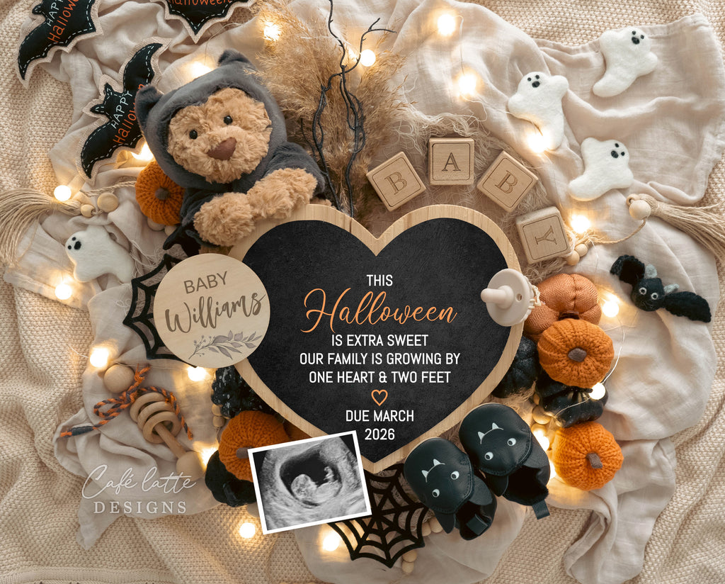 Halloween pregnancy announcement digital reveal for social media, Halloween baby announcement digital image with ghosts, pumpkins, baby booties, little bear with bat hat and heart chalkboard, baby announcement, digital baby announcement, pregnancy announcement, digital pregnancy announcement, baby announce, halloween baby announcement, halloween pregnancy announcement, halloween baby, october baby, baby, no tricks just a treat our family is growing by two tiny feet