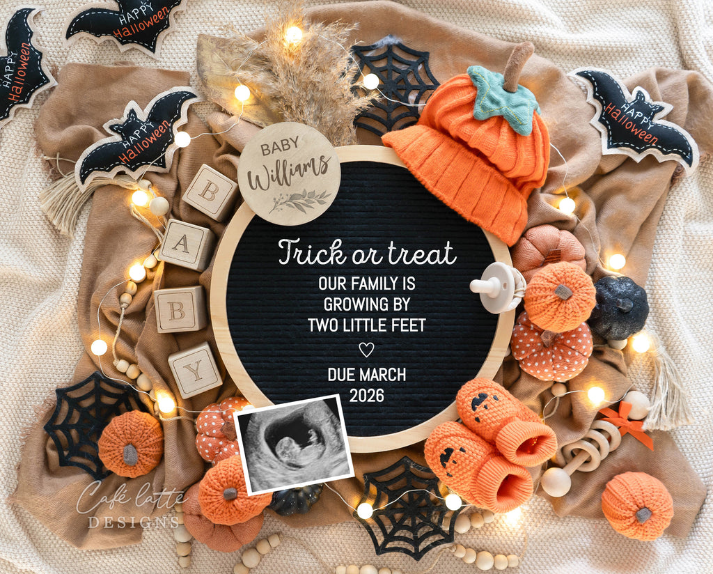 Halloween pregnancy announcement digital reveal for social media, Halloween baby announcement digital image with circle letterboard, bats, pumpkin hat, baby booties and knitted pumpkins, Trick or treat our family is growing by two little feet, baby announcement, digital baby announcement, pregnancy announcement, digital pregnancy announcement, baby announce, halloween baby announcement, halloween pregnancy announcement, halloween baby, october baby, custom baby announcement, baby reveal ideas