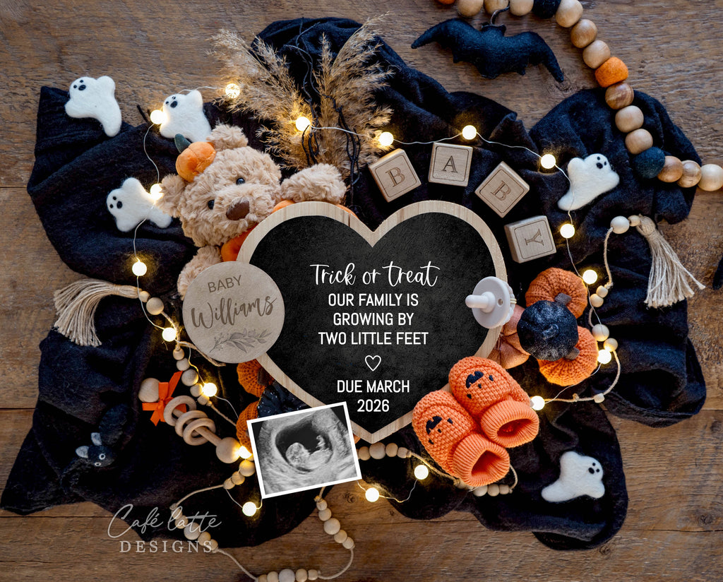 Halloween pregnancy announcement digital reveal for social media, Halloween baby announcement digital image with circle letterboard, bats, pumpkin hat, baby booties and knitted pumpkins, Trick or treat our family is growing by two little feet, baby announcement, digital baby announcement, pregnancy announcement, digital pregnancy announcement, baby announce, halloween baby announcement, halloween pregnancy announcement, halloween baby, october baby, custom baby announcement, baby reveal ideas