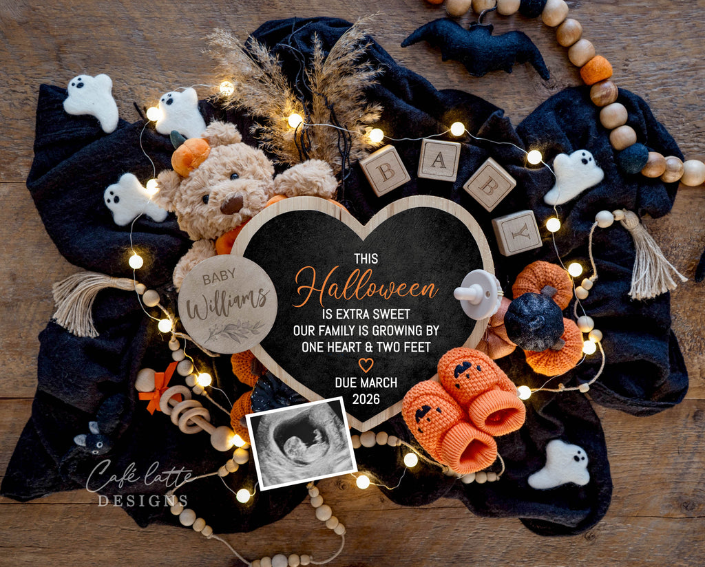 Halloween pregnancy announcement digital reveal for social media, Halloween baby announcement digital image with ghosts, pumpkins, baby booties, little bear with pumpkin hat and heart chalkboard, baby announcement, digital baby announcement, pregnancy announcement, digital pregnancy announcement, baby announce, halloween baby announcement, halloween pregnancy announcement, halloween baby, october baby, baby, this halloween is extra sweet our family is growing by one heart & two feet