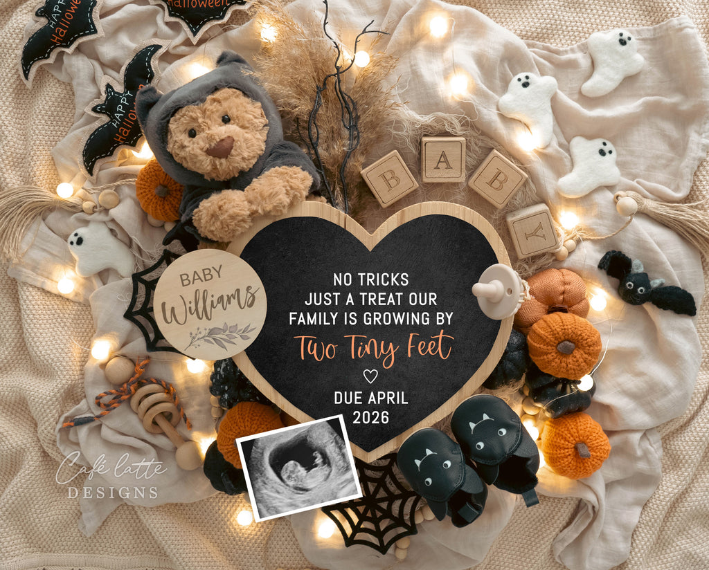 Halloween pregnancy announcement digital reveal for social media, Halloween baby announcement digital image with ghosts, pumpkins, baby booties, little bear with bat hat and heart chalkboard, baby announcement, digital baby announcement, pregnancy announcement, digital pregnancy announcement, baby announce, halloween baby announcement, halloween pregnancy announcement, halloween baby, october baby, baby, no tircks just a treat our family is growing by two tiny feet