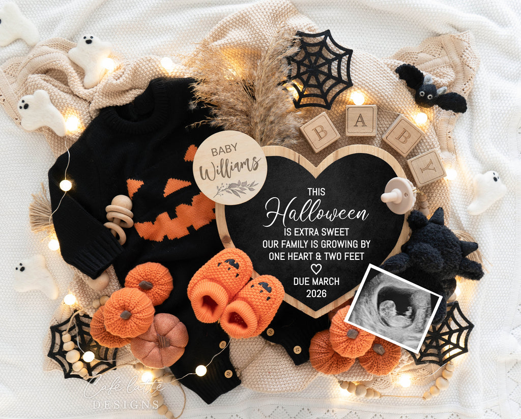 Halloween pregnancy announcement digital reveal for social media, Halloween baby announcement digital image with knit outfit, bats, ghosts, pumpkins, baby booties and heart chalkboard, baby announcement, digital baby announcement, pregnancy announcement, digital pregnancy announcement, baby announce, halloween baby announcement, halloween pregnancy announcement, halloween baby, october baby, custom baby announcement, this halloween is extra sweet our family is growing by one heart and two feet