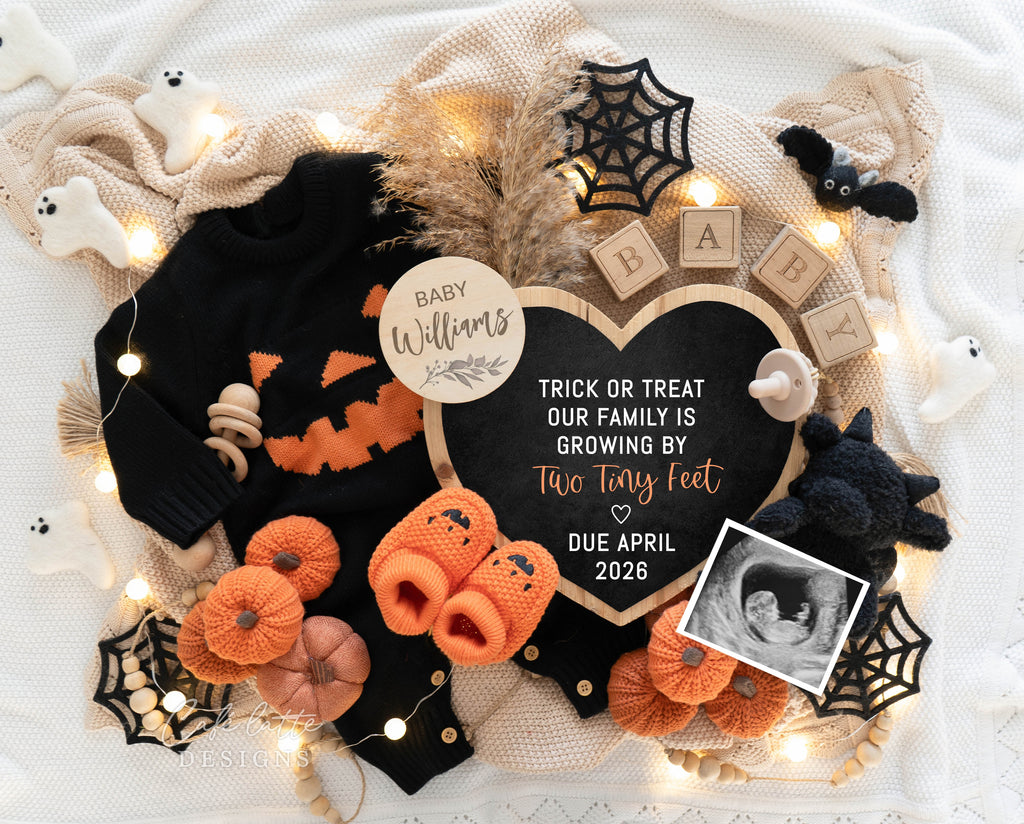 Halloween pregnancy announcement digital reveal for social media, Halloween baby announcement digital image with knit outfit, bats, ghosts, pumpkins, baby booties and heart chalkboard, baby announcement, digital baby announcement, pregnancy announcement, digital pregnancy announcement, baby announce, halloween baby announcement, halloween pregnancy announcement, halloween baby, october baby, custom baby announcement, this halloween is extra sweet our family is growing by one heart and two feet