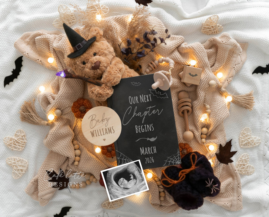 Halloween pregnancy announcement digital reveal for social media, Halloween baby announcement digital image with bear, witch hat, bats, pumpkins, baby booties and potion book, baby announcement, digital baby announcement, pregnancy announcement, digital pregnancy announcement, baby announce, halloween baby announcement, halloween pregnancy announcement, halloween baby, october baby, custom baby announcement, our new chapter begins