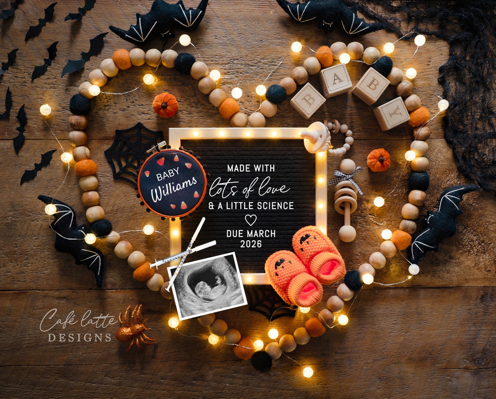 IVF Halloween pregnancy announcement digital reveal for social media, IVF baby Halloween announcement digital image with heart, bats, baby booties, Editable template baby announcement, IVF baby reveal, Made with lots of love and a little science, IVF Pregnancy announcement digital, IVF baby announcement digital, IVF pregnancy announcement editable template DIY, Baby announcement digital for social media, Announcement for grandparent, made with lots of love and a little science