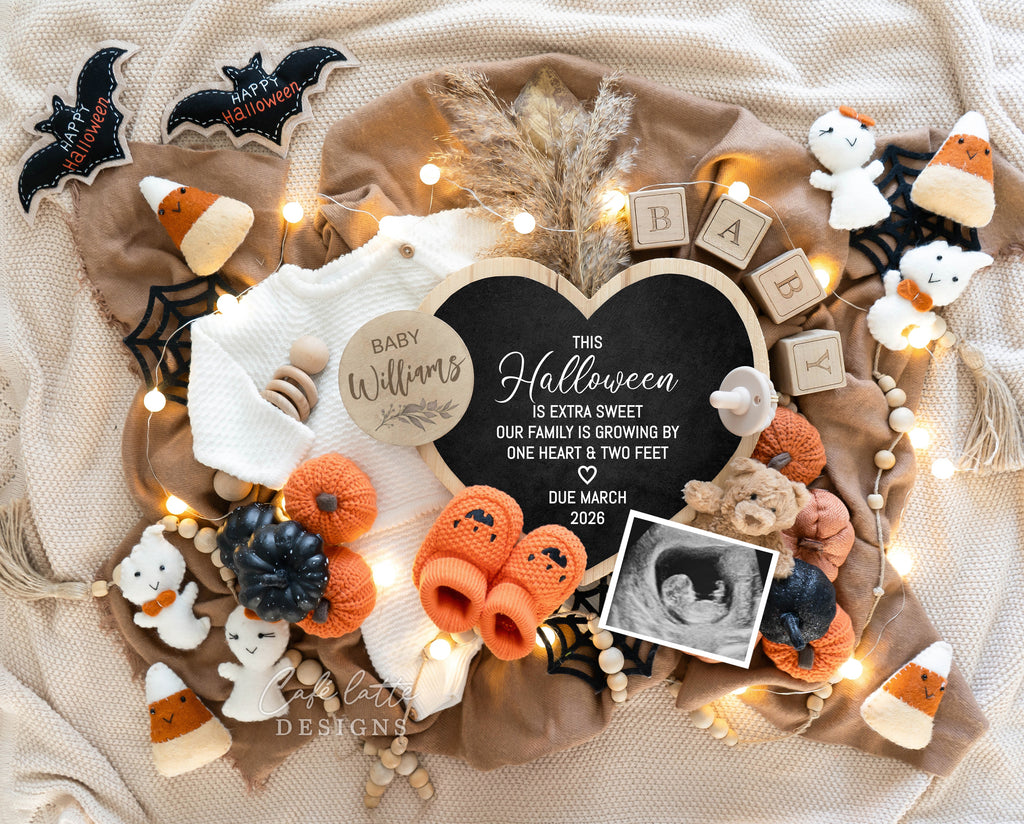 Halloween pregnancy announcement digital reveal for social media, Halloween baby announcement digital image with knit outfit, bats, ghosts, pumpkins, baby booties and heart chalkboard, baby announcement, digital baby announcement, pregnancy announcement, digital pregnancy announcement, baby announce, halloween baby announcement, halloween pregnancy announcement, halloween baby, october baby, custom baby announcement, this halloween is extra sweet our family is growing by one heart and two feet