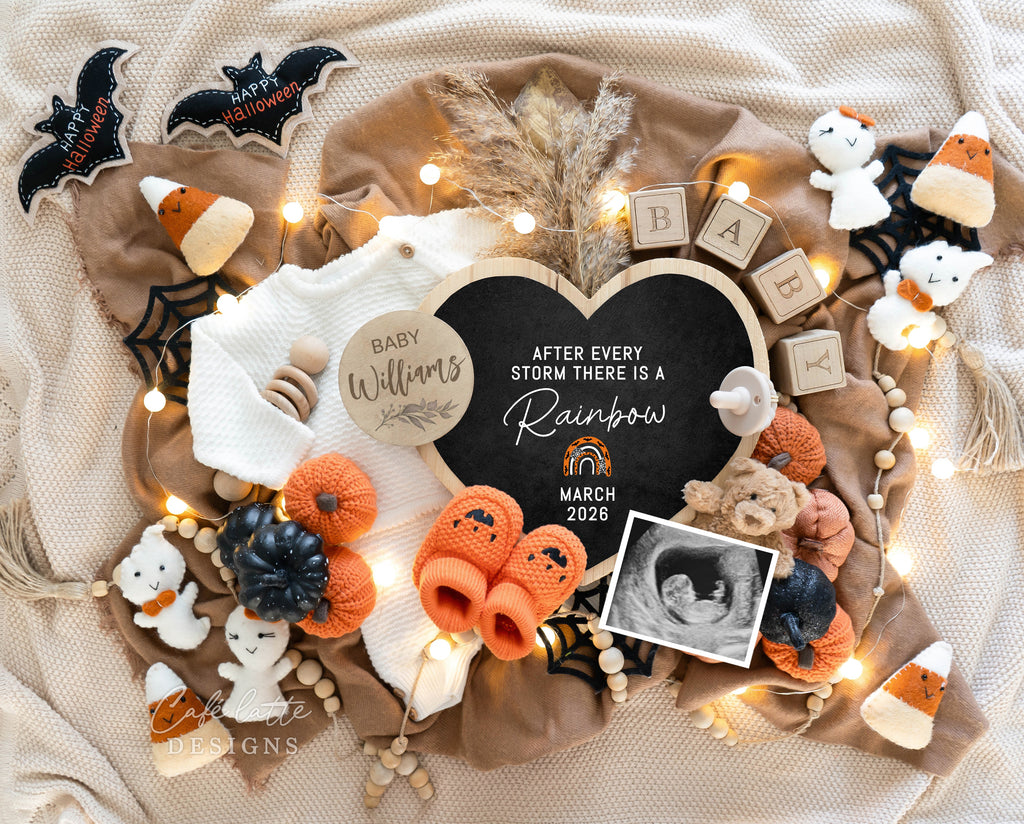 Rainbow Halloween pregnancy announcement digital reveal for social media, Rainbow baby Halloween announcement digital image with heart, bats, baby booties, After Every Storm there is a Rainbow Editable template baby announcement, Rainbow baby reveal, halloween rainbow baby, halloween pregnancy, halloween baby announce, halloween digital baby announcement, halloween pregnancy reveal