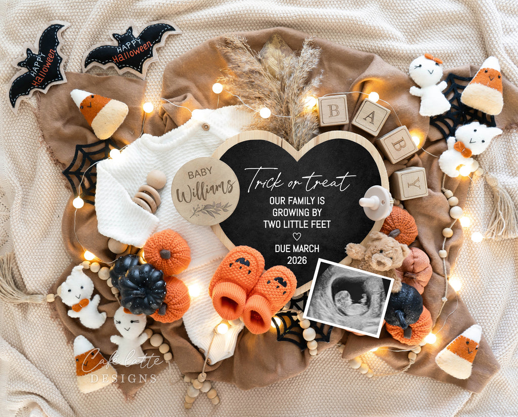 Halloween pregnancy announcement digital reveal for social media, Halloween baby announcement digital image with knit outfit, bats, ghosts, pumpkins, baby booties and heart chalkboard, Trick or treat our family is growing by two little feet, baby announcement, digital baby announcement, pregnancy announcement, digital pregnancy announcement, baby announce, halloween baby announcement, halloween pregnancy announcement, halloween baby, october baby, custom baby announcement, baby announcement idea
