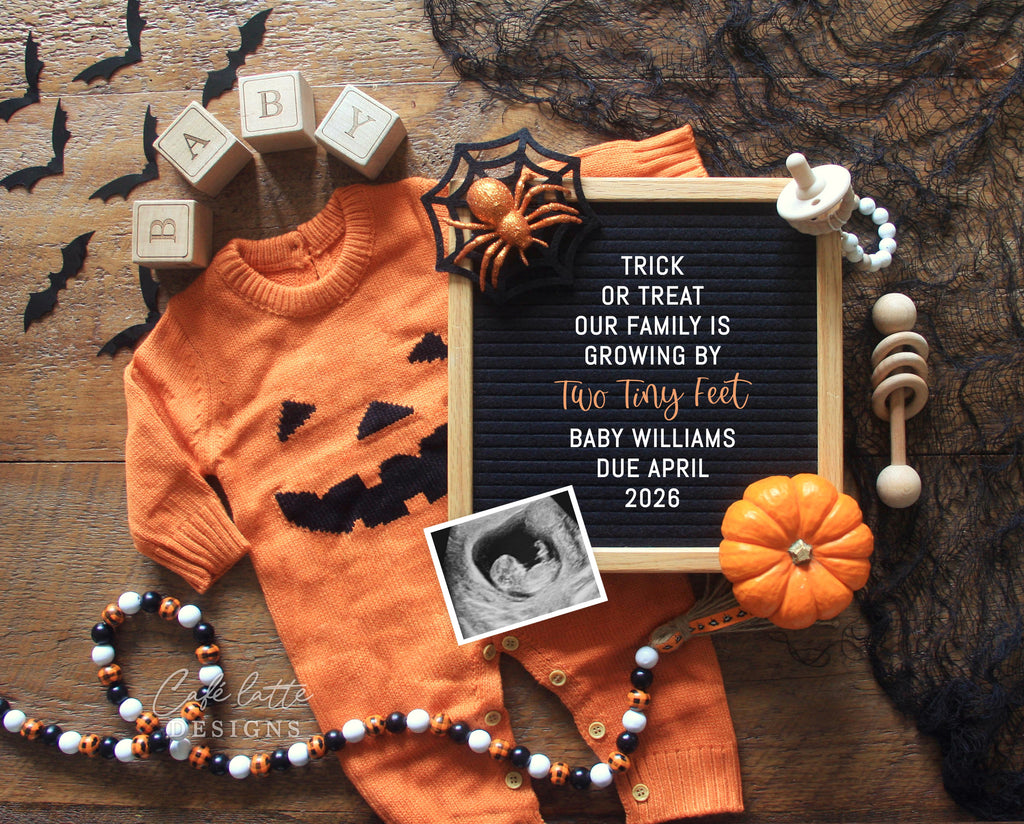 Halloween pregnancy announcement digital reveal for social media, Halloween baby announcement digital image with knit outfit, bats, pumpkin and wood letterboard, Trick or treat our family is growing by one heart and two tiny feet, baby announcement, digital baby announcement, pregnancy announcement, digital pregnancy announcement, baby announce, halloween baby announcement, halloween pregnancy announcement, halloween baby, october baby, custom baby announcement, baby announcement idea