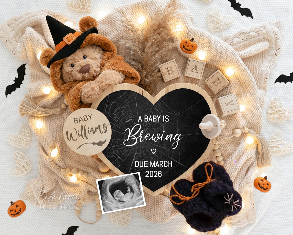 Halloween pregnancy announcement digital reveal for social media, Halloween baby announcement digital image with bear with witch hat, bats, ghosts, baby booties and heart chalkboard, a baby is brewing, baby announcement, digital baby announcement, pregnancy announcement, digital pregnancy announcement, baby announce, halloween baby announcement, halloween pregnancy announcement, halloween baby, october baby, custom baby announcement