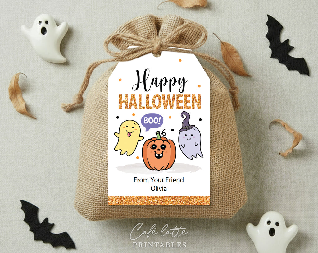 Halloween gift tags, Halloween printable gift tags, Happy Halloween labels editable template gift tag DIY, Custom gift labels for Halloween candy bags, Kids teacher school gift tags with pumpkin and cute ghosts, Cheap Halloween gift tags instant download