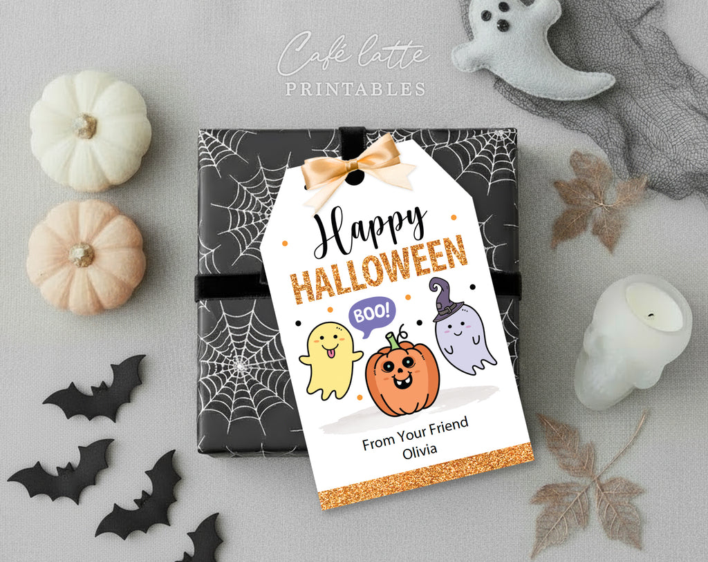 Halloween gift tags, Halloween printable gift tags, Happy Halloween labels editable template gift tag DIY, Custom gift labels for Halloween candy bags, Kids teacher school gift tags with pumpkin and cute ghosts, Cheap Halloween gift tags instant download
