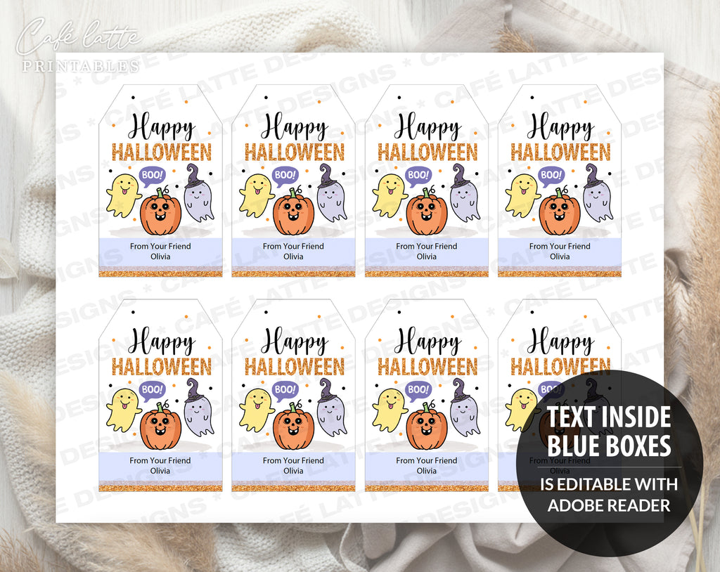 Halloween gift tags, Halloween printable gift tags, Happy Halloween labels editable template gift tag DIY, Custom gift labels for Halloween candy bags, Kids teacher school gift tags with pumpkin and cute ghosts, Cheap Halloween gift tags instant download