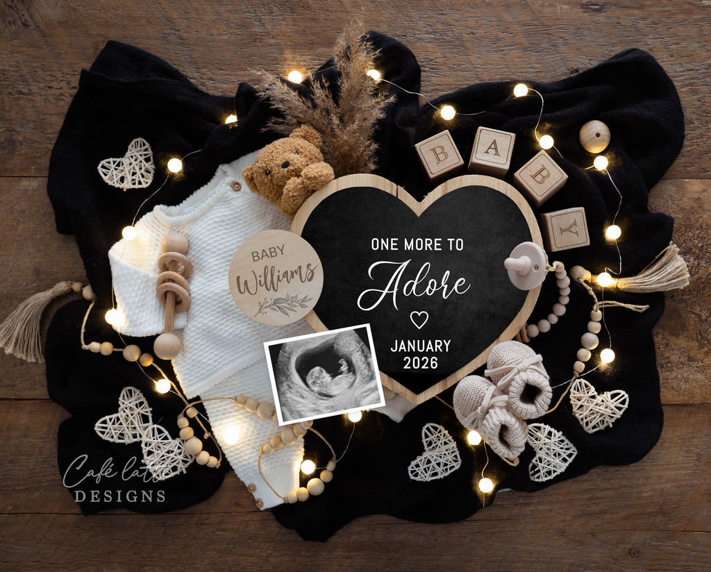 Pregnancy Announcement Digital Boho Gender Neutral Heart Chalkboard, Baby Announcement Digital Editable Template, Little Teddy Bear with Knitted outfit and Heart Chalkboard, One More To Adore, baby announce, baby announceme, digital baby announcement, instant download baby announcement, diy baby announcement, editable baby announcement, baby reveal, pregnancy reveal