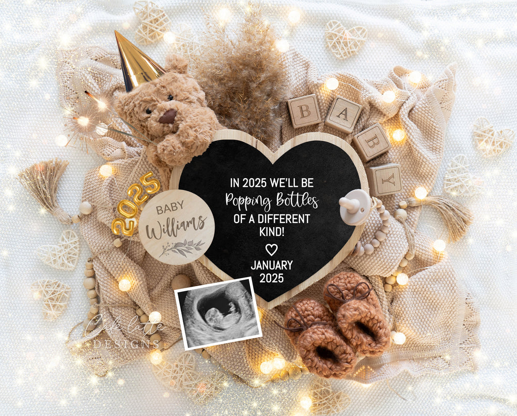 New Years pregnancy announcement digital for social media, New Year digital baby announcement with heart board, little bear and sparkles, 2025 baby announcement, jan baby,in 2025 well be popping bottles of a different kind