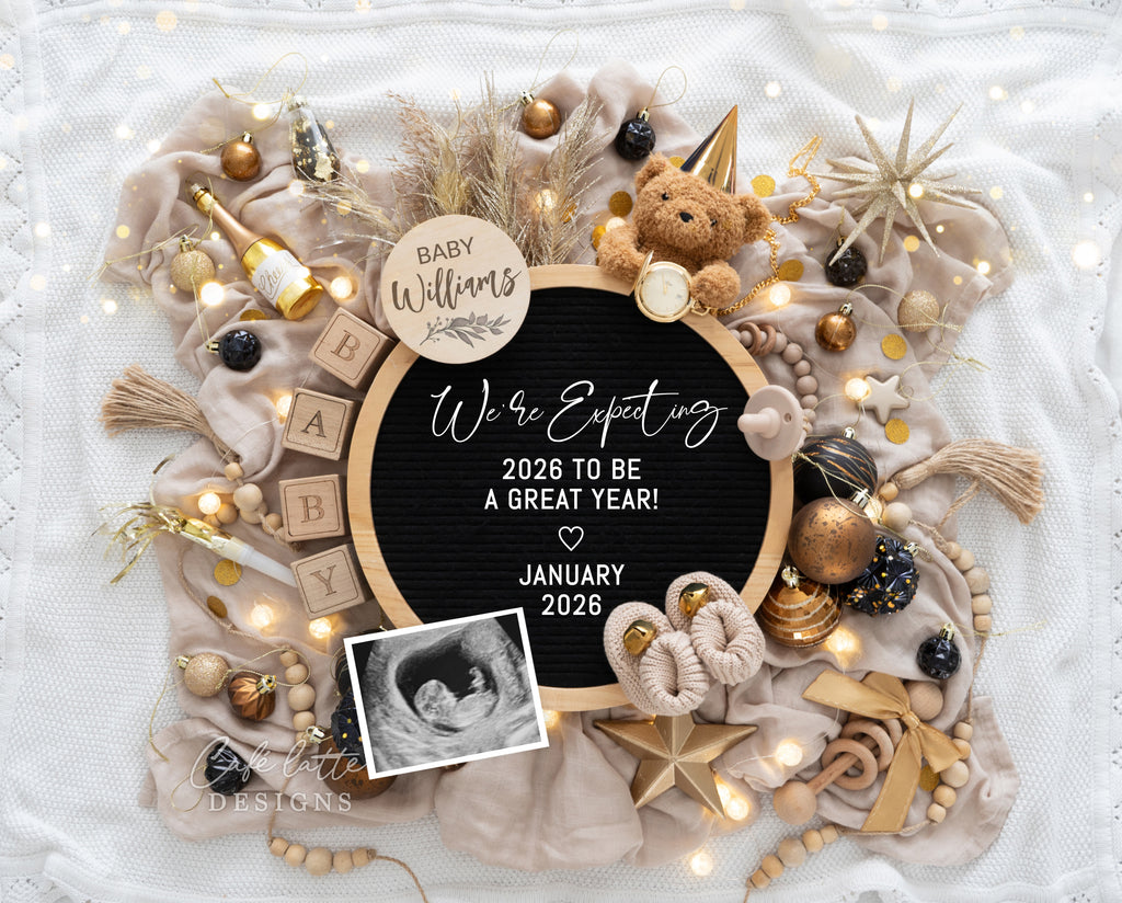 New Years pregnancy announcement digital for social media, New Year digital baby announcement, gold ornaments and letter board, Neutral boho editable template DIY, January winter baby reveal classy chic gold, were expecting 2026 to be a great year
