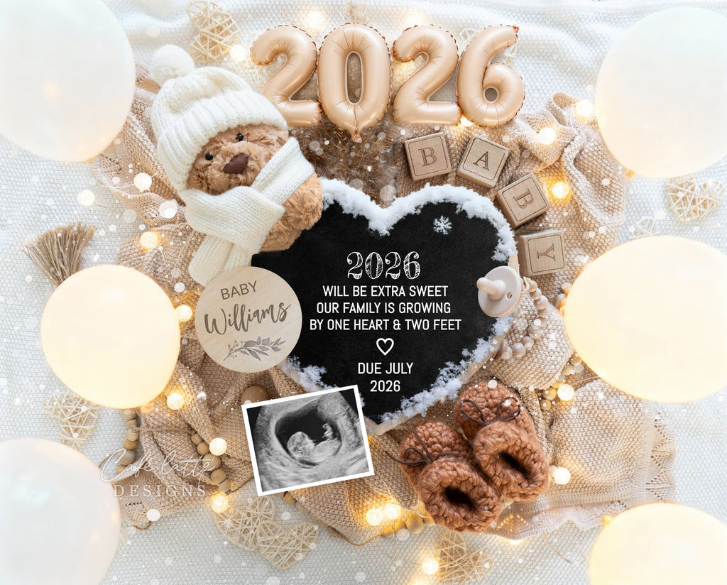 New Years pregnancy announcement digital for social media, New Year digital baby announcement, gold balloons and heart chalkboard, Neutral boho editable template DIY, January winter baby reveal classy chic gold, 2026 baby announcement, 2026 will be extra sweet our family is growing by one heart and two feet, editable baby reveal, holiday baby announcement, social media baby reveal, instant download pregnancy reveal, gender neutral baby announcement, minimalist baby announcement