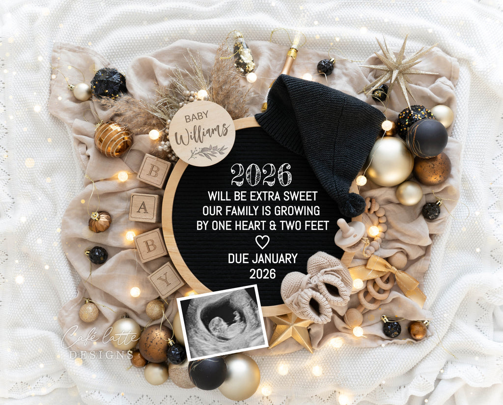 New Years pregnancy announcement digital for social media, New Year digital baby announcement with gold ornaments and circle letter board, 2026 will be extra sweet our family is growing by one heart and two feet, January winter baby reveal chic