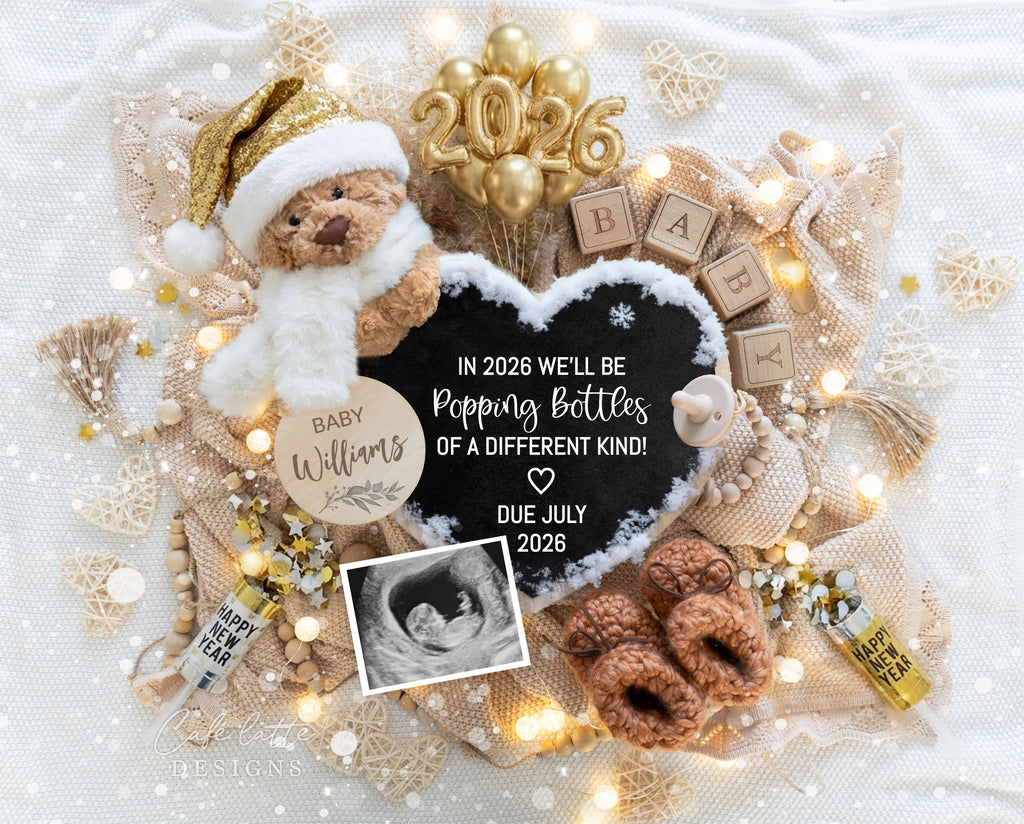 New Years pregnancy announcement digital for social media, New Year digital baby announcement, gold balloons and heart chalkboard, Neutral boho editable template DIY, January winter baby reveal classy chic gold, 2026 baby announcement, editable baby reveal, holiday baby announcement, social media baby reveal, instant download pregnancy reveal, gender neutral baby announcement, minimalist baby announcement, in 2026 well be popping bottles of a different kind