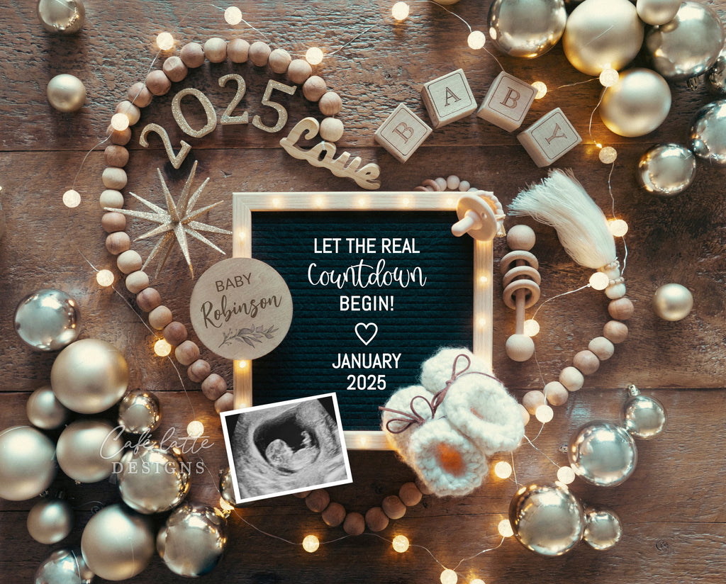 New Years pregnancy announcement digital for social media, New Year digital baby announcement with heart, gold ornaments and letter board, Keeping a little secret, Neutral boho editable template DIY, January winter baby reveal classy chic gold, let the real countdown begin