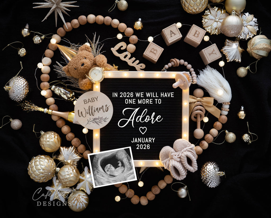 New Years pregnancy announcement digital for social media, New Year digital baby announcement, gold ornaments and letter board, Popping bottles different kind, Neutral boho editable template DIY, January winter baby reveal classy chic gold, 2026 baby announcement, In 2026 we will have one more to adore