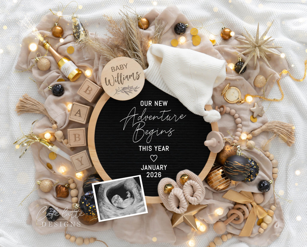 New Years pregnancy announcement digital for social media, New Year digital baby announcement with gold ornaments and circle letter board, January winter baby reveal chic, our new adventure begins this year