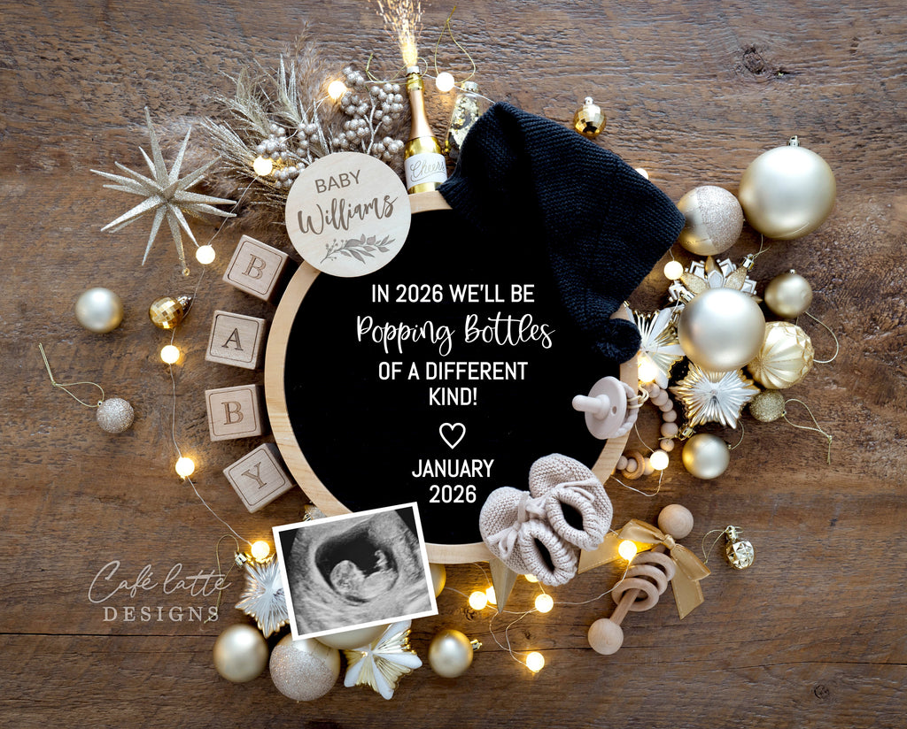 New Years pregnancy announcement digital for social media, New Year digital baby announcement, gold ornaments and letter board, Popping bottles different kind, Neutral boho editable template DIY, January winter baby reveal classy chic gold, 2026 baby announcement