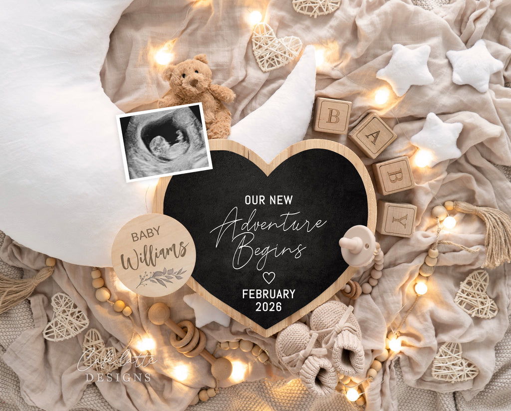 Pregnancy announcement digital, Pregnancy announcement to husband, Pregnancy announcement template, Pregnancy announcement grandparents, Pregnancy reveal, Pregnancy announcement gift, Neutral bear moon and heart board, Our New Adventure Begins, Little Bear sitting on moon, celestial baby announcement, celestial pregnancy announcement